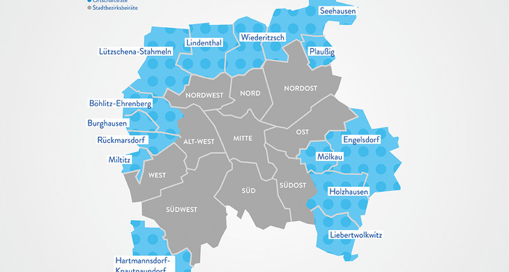Eine Grafik der Stadt Leipzig. Die Ortsteile mit Ortschaftsräten sind blau hervorgehoben.