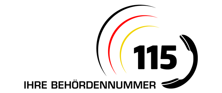 Logo Behördennummer mit den Ziffern 115 und schwarz, gelb, roten Halbkreisen