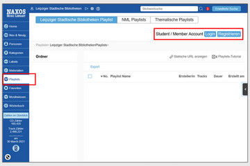 Bildschirmfoto der Naxos Webseite, blaues Menü oben und am rechten Rand, roter Rahmen als Markierung um die Menüpunkte Playlists und Student / Member Account