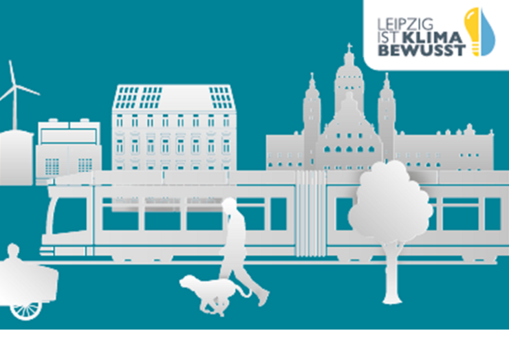 Grafik "Leipzig ist klimabewusst" mit Leipziger Gebäuden, eine Straßenbahn, Elektroauto, Lastenfahrrad und einem Fußgänger mit Hund.