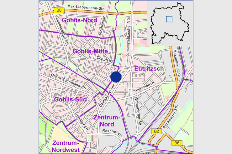 Stadtplan von Leipzig mit Markierung des Baugrundstückes für geförderten Wohnungsbau in der Delitzscher Straße 39 in 04129 Leipzig