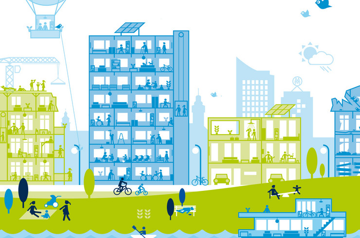 Postkartenmotiv zum Thema "Wohnen in der wachsenden Stadt": Grafik mit einer Shiluette von Leipzig