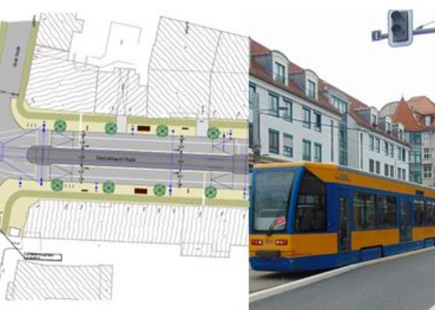 Collage von einer Planungsskizze für den Straßenbau und einer Straßenbahn
