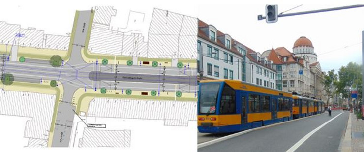 Collage von einer Planungsskizze für den Straßenbau und einer Straßenbahn