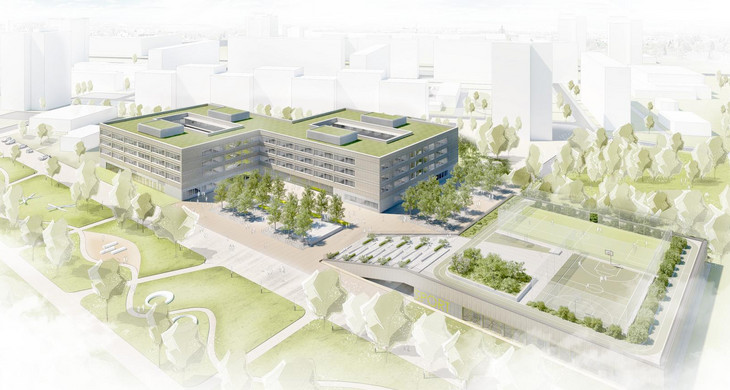 Visualisierung Luftbild Gemeinschaftschule Campus Dösner Weg mit Schulgebäude, Sportflächen und umliegender Bebauung