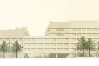 Visualisierung des geplanten Gymnasiums Prager Straße, mehrstöckiges Gebäude mit Bäumen davor.