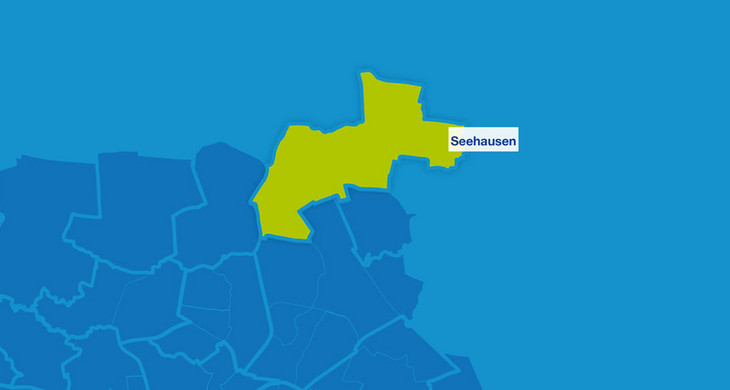 Stadtkarte mit den Umrissen der Leipziger Ortsteile im Norden. Hervorgehoben ist Seehausen.