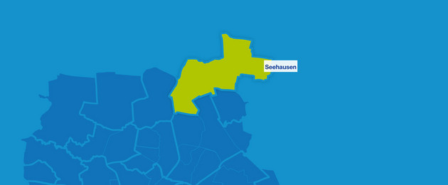Stadtkarte mit den Umrissen der Leipziger Ortsteile im Norden. Hervorgehoben ist Seehausen.