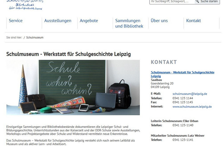 Ein Screenshot der Startseite vom Schulmuseum Leipzig