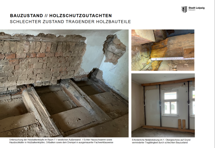 Marodes Mauerwerk und Balken im Erich-Zeigner-Haus