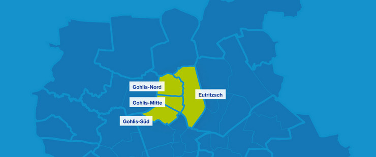 Karte mit den Umrissen der Leipziger Ortsteile im Leipziger Norden. Hervorgehoben sind Gohlis-Süd, Gohlis-Mitte, Gohlis-Nord und Eutritzsch.