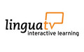 Logo der Sprachlern-Webseite lingua.tv, Schriftzug in Schwarz und Orange auf weißem Hintergrund, lingua.tv, interactive learning