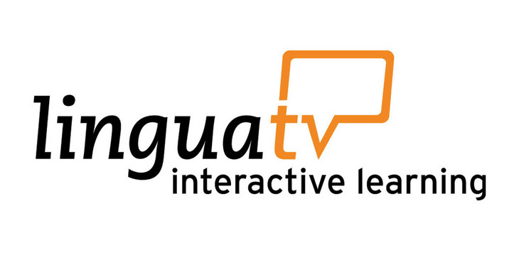 Logo der Sprachlern-Webseite lingua.tv, Schriftzug in Schwarz und Orange auf weißem Hintergrund, lingua.tv, interactive learning
