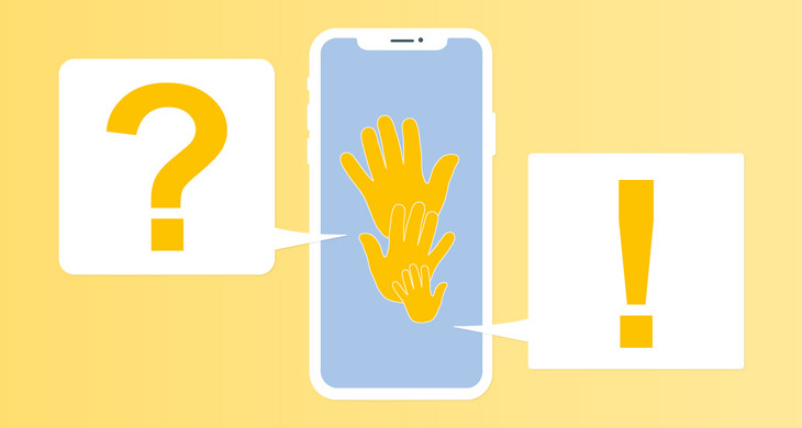Grafik: Smartphone mit mehreren Händen darauf, ein Fragezeichen und ein Ausrufezeichen