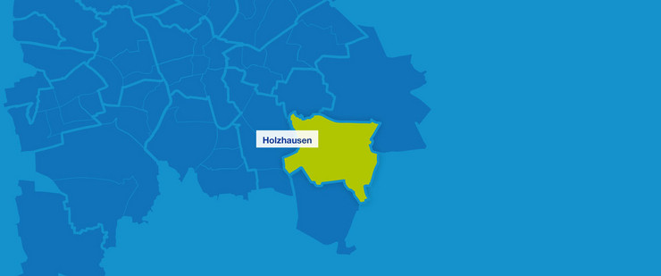Karte mit den Umrissen der Leipziger Ortsteile im Südosten. Holzhausen ist hervorgehoben.