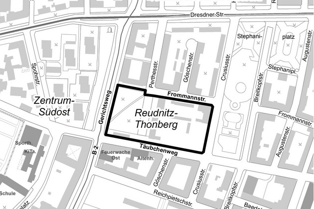 Karte mit Geltungsbereich Bebauungsplan Nr. 468 Gerichtsweg/Täubchenweg