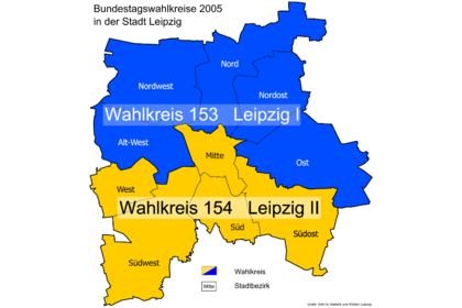 Karte mit den Bundestagswahlkreise 2005 in der Stadt Leipzig.