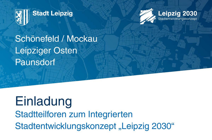 graphisch blau-weiß gestaltete Einladungskarte mit Infotext und Stadtwappen