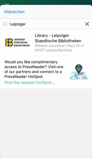 Bildschirmfoto der Anmeldung mit dem Bibliotheksausweis in der Pressreader App, Auswahl der Leipziger Stadtbibliothek