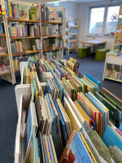 Nahaufnahme von Büchertrögen mit Büchern aus der Kinderbibliothek.