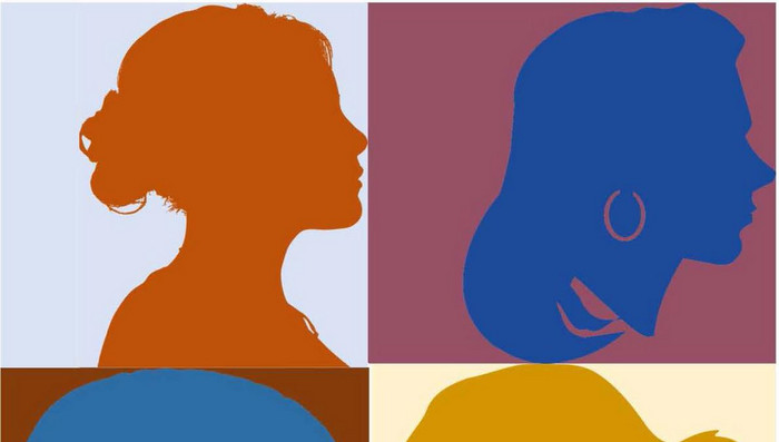 Schattenbilder von sechs verschiedenen Frauenköpfen in Blau- und Orangetönen