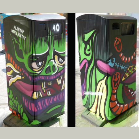 Abfallbehälter mit Graffiti-Motiv, grünes Müllmonster