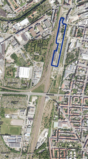 Zu sehen ist das Luftbild zum Grünen Bahnhof Plagwitz mit einer gelben Umrandung des Bebauungsplanes Nr. 380.2 aus dem Jahr 2023.