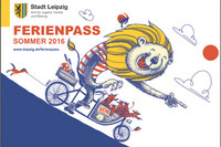 Cover des Sommerferienpasses 2016 mit dem gezeichneten Motiv radfahrenden Löwen