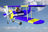 Ein blaues Flugzeug mit gelben Streifen wird geflogen vom einem Nilpferd mit Fliegermütze. Im Hintergrund blauer Himmel und weiße Wolken.