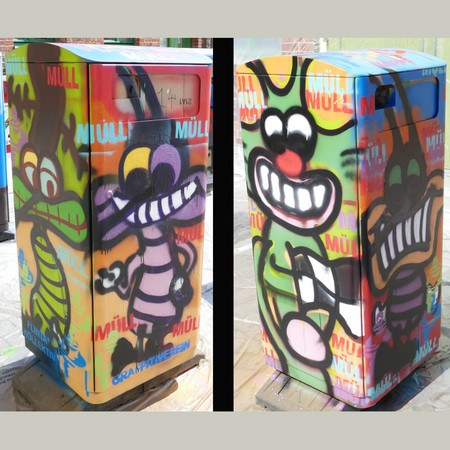 Abfallbehälter mit Graffiti-Motiv, farbenfrohe und freundliche Figuren