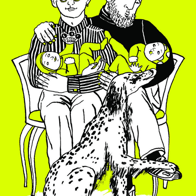 In einer Grafik mit schwarzen Konturen und hellgrüner Farbgebung sind zwei junge Männer mit zwei Babys auf dem Arm zu sehen. Sie sitzen auf Stühlen, vor ihnen sitzt ein Hund.