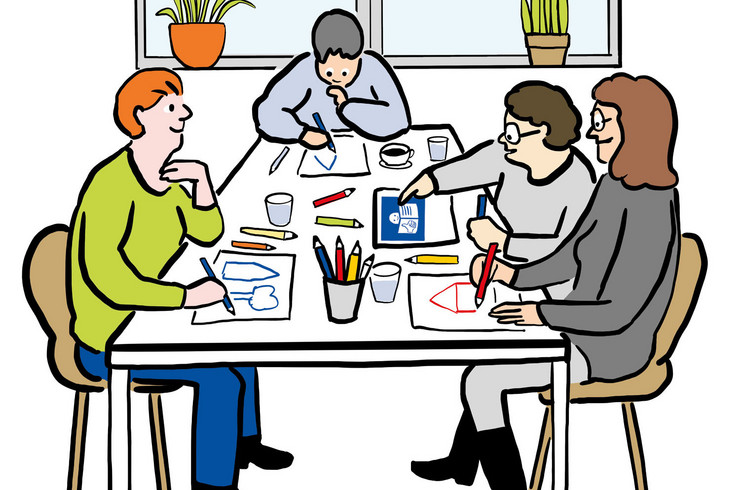 Zeichung von vier Menschen an einem Tisch, die Bilder malen