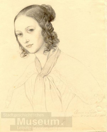 Bleistiftzeichnung einer jungen Frau mit lockigem, halblangem Haar