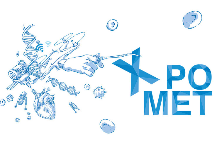 weißer Hintergrund mit blau-weißen Zeichnungen von einem Herzen, DNA-Strängen, einer Hand mit OP-Zange, Robotern, verschiedenen Zellen und Bakterien 