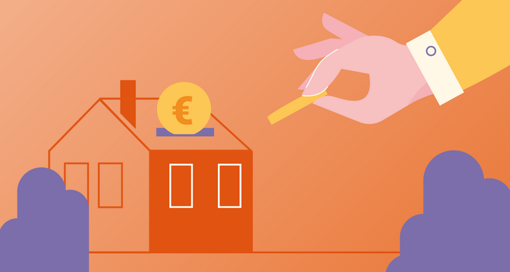 Grafik: Eine Hand steckt Münzen in ein Haus, das ein Schlitz wie ein Spardose hat.