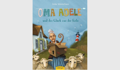 Cover des Kinderbuches Oma Adele und das Glück aus der Kiste von Imke Sönnichsen. Eine alte Frau mit Kiste in den Händen wird umringt von Schafen.