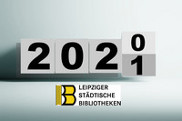Die Zahlen 202 und am Ende eine 0 und eine 1 übereiander als Symbol für den Jahreswechsel, darunter das Logo der Leipziger Städtischen Bibliotheken