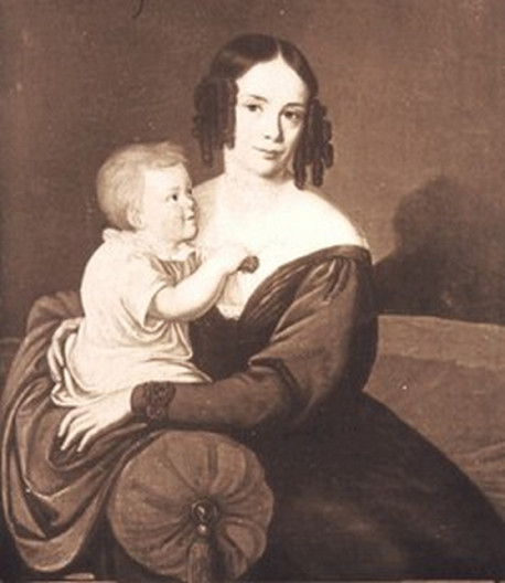 Lidy Steche mit ihrem Sohn Maximilian, 1831, Reproduktion eines Gemäldes von Ehregott Grünler (1797-1881). Standort unbekannt.