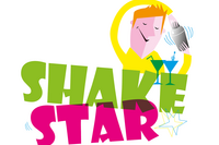 Logo mit Schriftzug Shake Star, Barkeeper, Cocktailgläsern und Sternen
