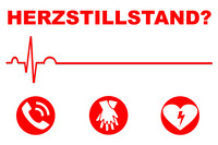 Schriftzug "Herzstillstand?", darunter eine EKG-Linie und drei Symbole: Telefon, zwei ineinander verschränkte Hände und ein Herz mit Blitz in der Mitte. Alles in Rot.