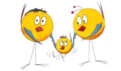 Zeichnung von runden, gelben Vögelchen - ein Elternpaar, das ein Kind an den Flügeln schaukelt