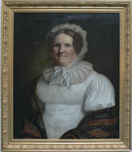 gerahmtes Ölporträt einer Frau mit dunklem Haar, weißem Spitzenkragen und weißer Haube
