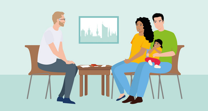 Grafik: Familie mit kleinem Kind, die gemeinsam mit einem Mann am Tisch sitzt. Sie unterhalten sich.