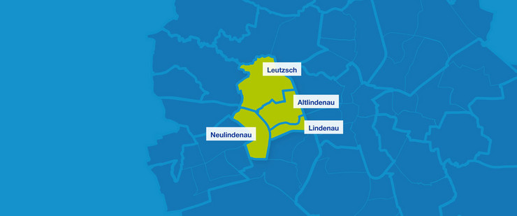 Karte mit den Umrissen der Leipziger Ortsteile. Hervorgehoben sind Neulindenau, Leutzsch, Altlindenau und Lindenau.