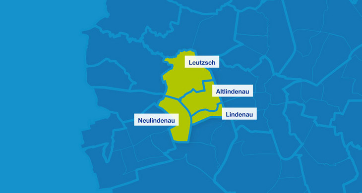 Karte mit den Umrissen der Leipziger Ortsteile. Hervorgehoben sind Neulindenau, Leutzsch, Altlindenau und Lindenau.