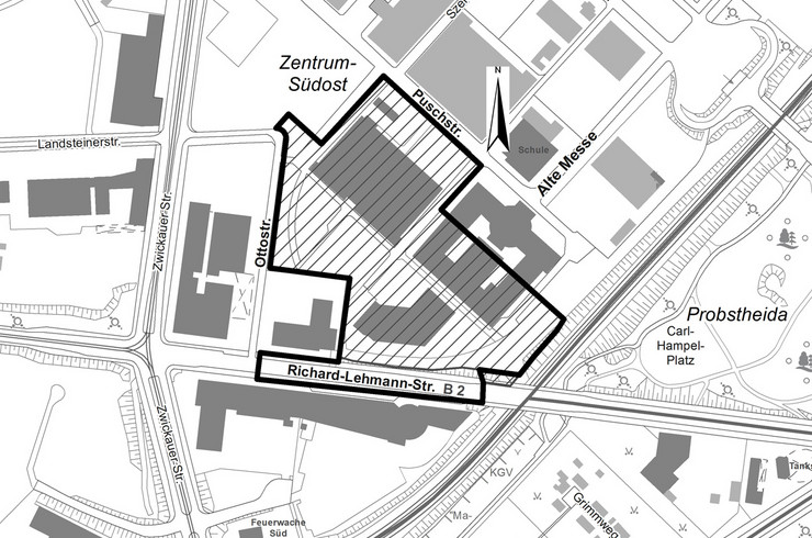 Das Plangebiet befindet sich in Leipzig-Mitte, im Ortsteil Zentrum-Süd zwischen Richard-Lehmann-Straße, Ottostraße und Puschstraße, die FNP-Änderung umfasst den schraffierten Bereich.
