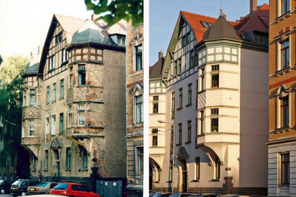 Fassade eines prächtigen Gründerzeitgebäudes in zwei Zuständen: links als Ruine und rechts nach der Sanierung