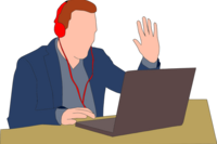 Zeichnung mit sitzendem Mann mit Kopfhörern vor Computer 