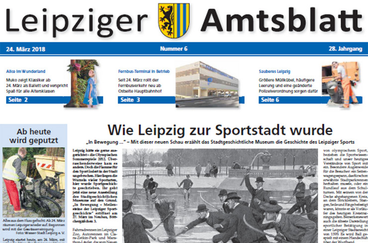 Titelseite des Leipziger Amtsblatts vom 24. März 2018 zeigt ein historisches Schwarz-weiß-Bild von Männern, die auf einer Eisfläche Hockey spielen