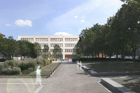 Visualisierung des geplanten Schulgebäudes der Grundschule Leipzig Mitte. Vor dem Gebäude ist eine Grünanlage mit Bäumen und Sträuchern.
